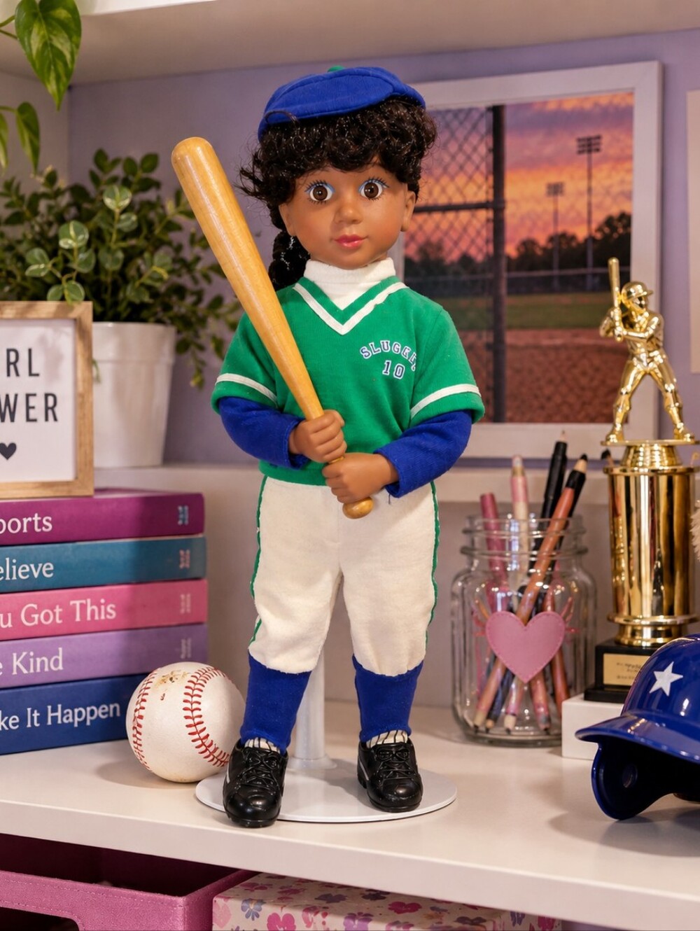 Vintage 1991 Avon Tender Memories Batter Up Baseball Girl Doll 13” w Bat & Stand